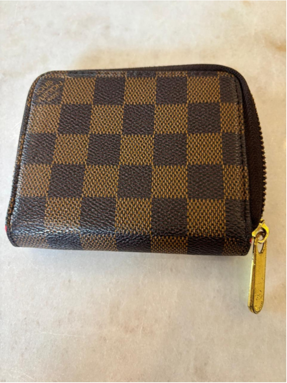 Brown Checker Zip Around Compact Wallet Card Holder Gold Hardware #S120